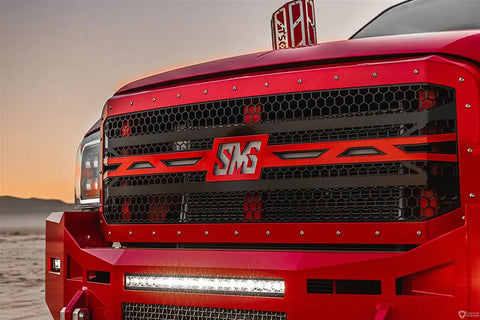 Overkill Fab 2005-2007 Ford F-250 F-350 Super Duty full replacement grille with LED backglow installed on truck