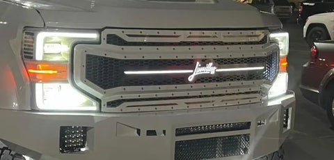 Custom LED grille for 2020-2022 Ford Super Duty truck, featuring a unique mesh design with illuminated elements.