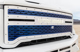 Customizable stainless steel LED grille for 2020-2023 GMC 2500-3500 trucks with blue backglow and Overkill Fab branding.
