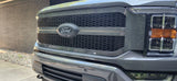 Close-up of a vehicle grille with a logo on a road
