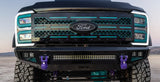 Custom stainless steel Ford grille replacement designed for a 2023-2025 F250-F350 Superduty vehicle. The grille features a black finish with blue accent lighting and the OEM Ford emblem.