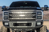 Custom LED grille replacement for a 2023-2025 Ford Super Duty truck, featuring a unique mesh design and glow option, made from stainless steel.