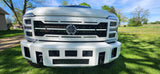 Custom LED grille replacement for a 2023-2025 Ford Super Duty truck, featuring a unique mesh design and glow option, made from stainless steel.