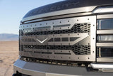 Custom LED grille replacement for a 2023-2025 Ford Super Duty truck, featuring a unique mesh design and glow option, made from stainless steel.