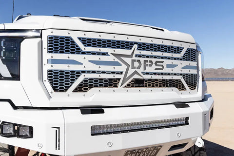 Custom LED grille for 2024-2025 GMC 2500-3500 trucks, featuring a stainless steel mesh with a central star and LED lighting, installed on a white truck.