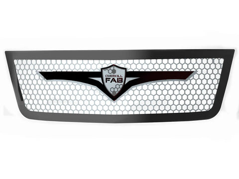 A silver stainless steel grille with a two-layered design featuring the OverkillFab logo and a geometric honeycomb pattern.