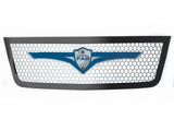 A silver stainless steel grille for 2003-2004 Chevy Silverado 2500/3500 trucks, featuring a center design with a logo and grille arms.
