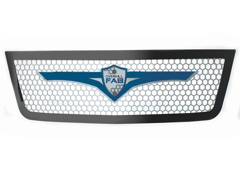 A silver stainless steel grille for 2003-2004 Chevy Silverado 2500/3500 trucks, featuring a center design with a logo and grille arms.