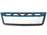 A silver and blue stainless steel grille with a geometric pattern, designed for a 2003-2004 Chevy Silverado.