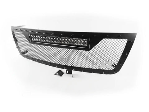 Black stainless steel grille for 2003-2005 Chevy Silverado 1500 with LED light bar and adjustable mounting brackets.