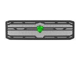 A black Ford truck grille with a silver wire mesh design and a green 'Overkill Fab' logo in the center.