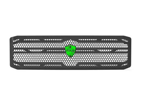 A black Ford truck grille with a silver wire mesh design and a green 'Overkill Fab' logo in the center.