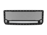 A black 304 stainless steel grille with a mesh pattern and LED light bar designed for a GMC Sierra truck.