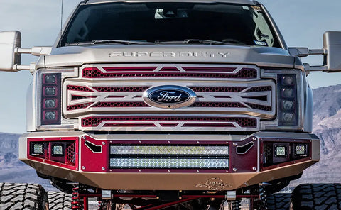 Custom grille for 2017-2019 Ford Super Duty truck featuring a stainless steel mesh design, TIG welded inner structure, and a Ford emblem in the center.